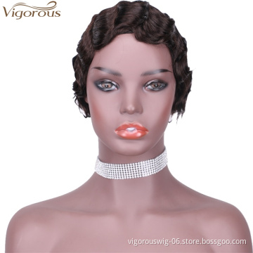 Vigorous 100% Raw Real Human Hair Finger Wave Wig Pixie Cut Black Short Curly Wigs for African American Women